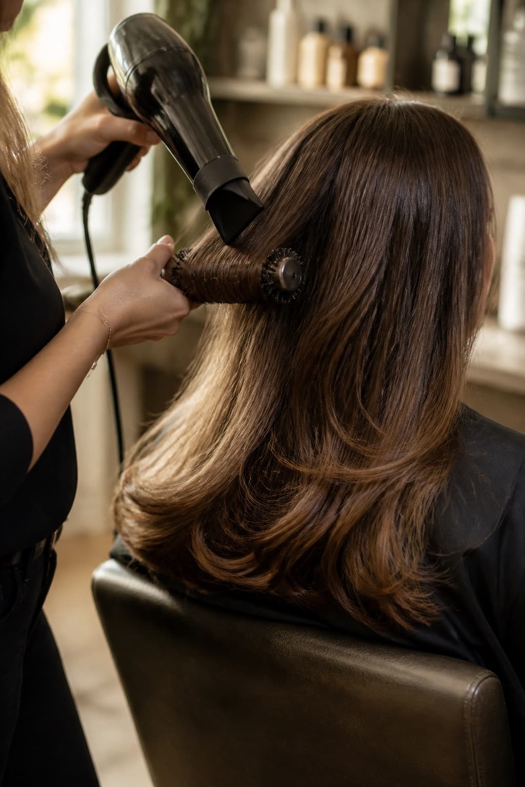 A hairstylist creating a smooth, glossy blowout