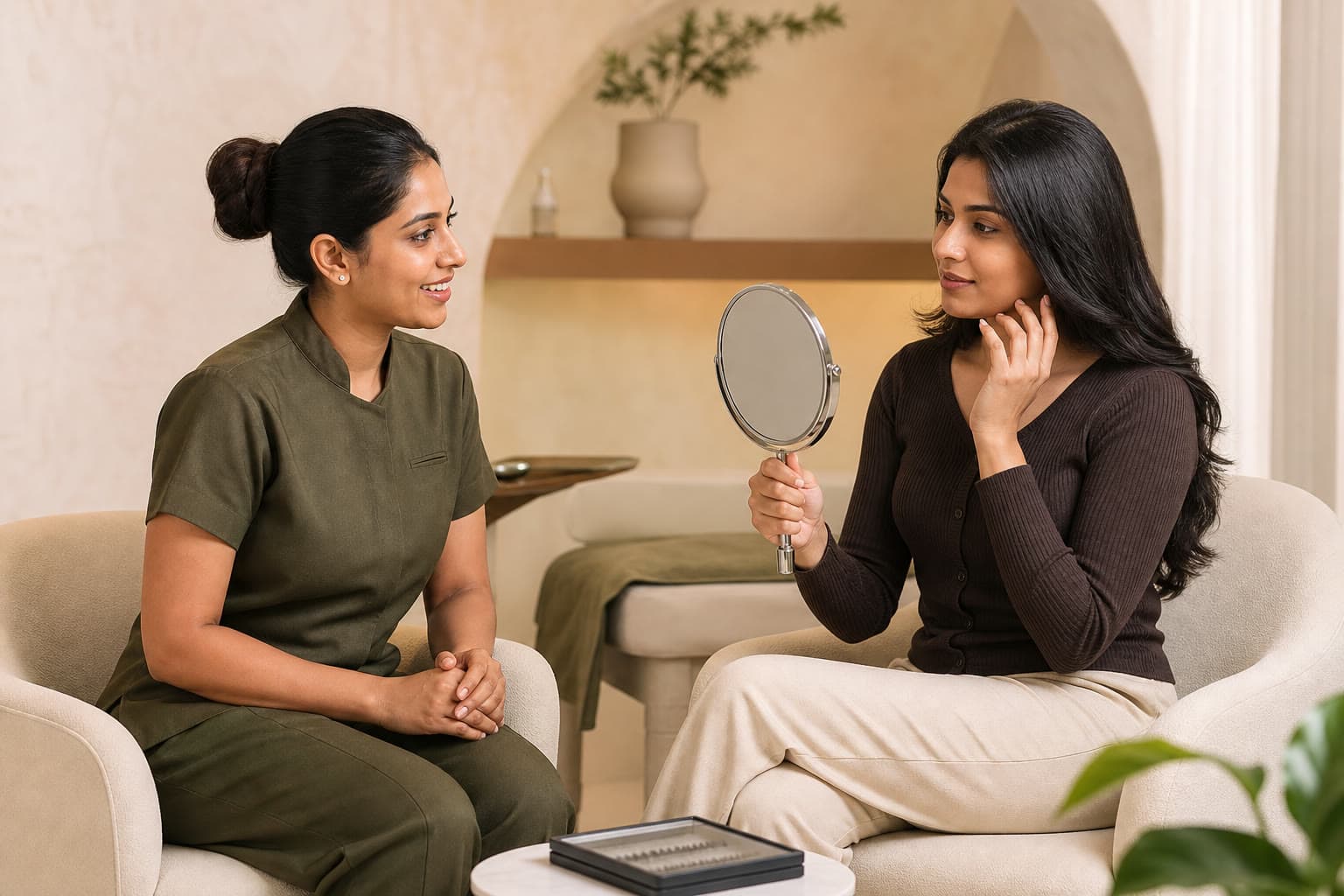 A Lashes Cinderella artist guiding a client through a lash consultation